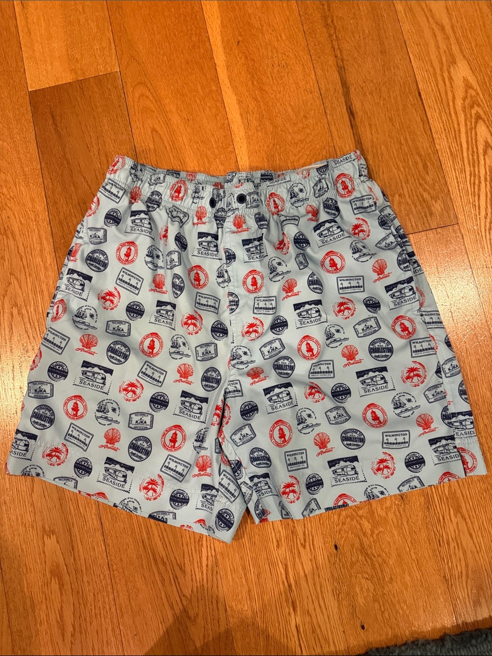Southern Proper Light Blue Seaside Stamp Swim Trunks medium no liner
